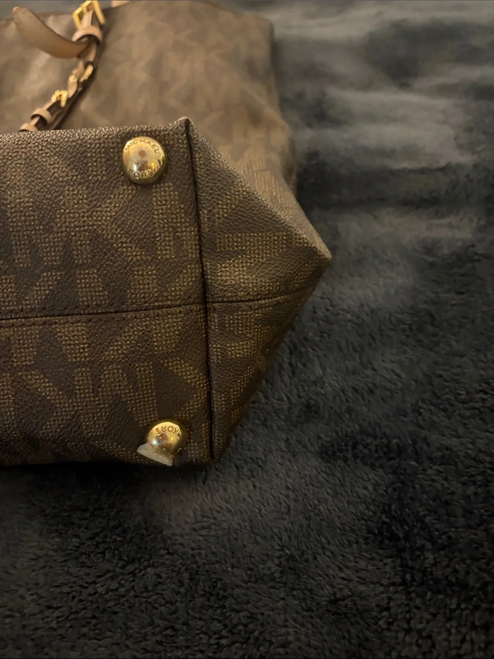 Michael Kors Brown MK Signature Tote with Pale Pink Handles and Gold Charm